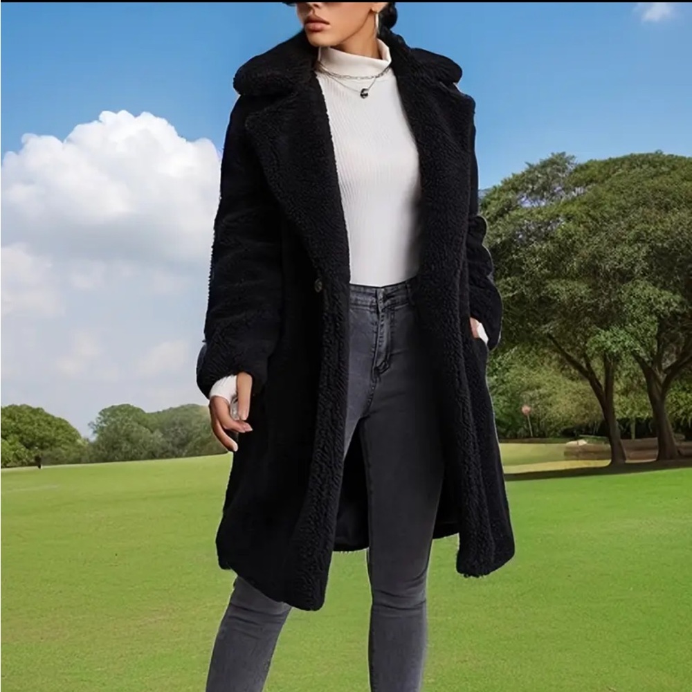 Cozy Black Teddy Coat – Faux Sherpa Jacket Size L